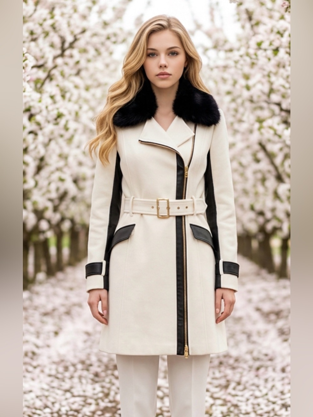 BeBe Off WhiteTrench Coat with Black Trim & Faux Fur Collar
